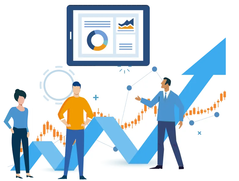 グラフなどのデータを基に説明している職員とそれを聴いている男女二人のイラスト