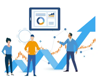 グラフなどのデータを基に説明している職員とそれを聴いている男女二人のイラスト