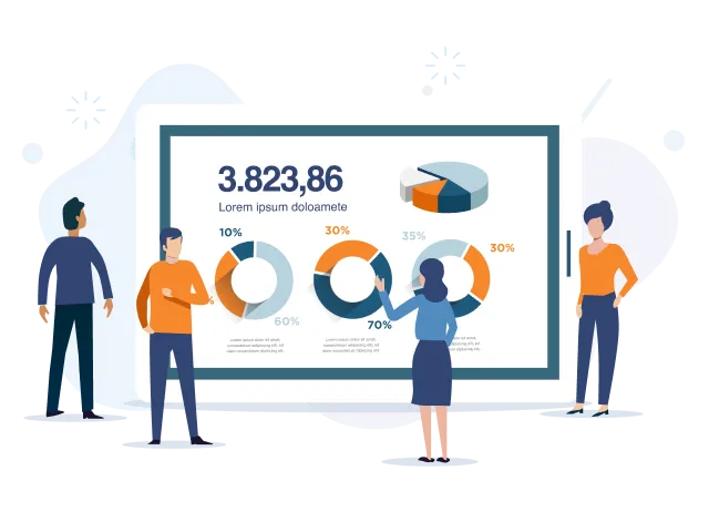 男女4人が円グラフなどのデータが表示された巨大なモニターの前で会話をしているイラスト
