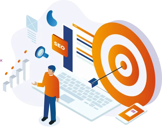 男性が巨大なノートPCと的の前でプレゼンしているイラスト