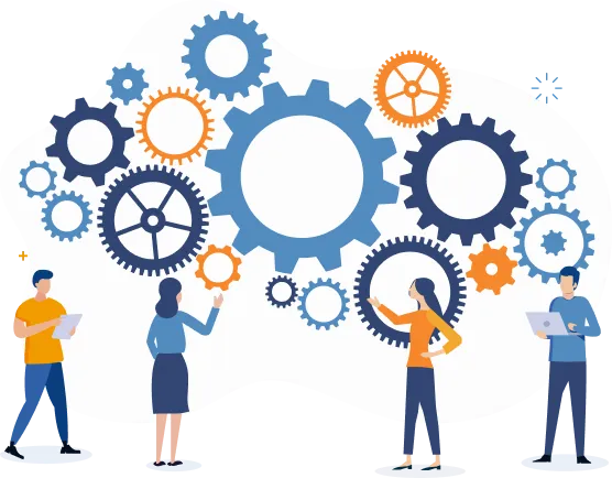 男女4人が複数の歯車の前で議論しているイラスト